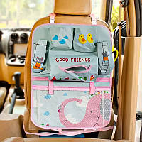 Детский органайзер на спинку сиденья автомобиля на 6 корманов Сине-розовый Слон, карман органайзер в авто (ST)