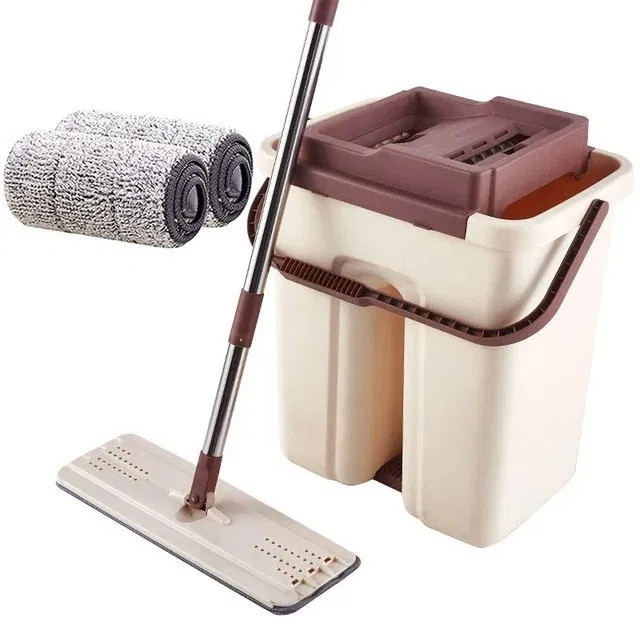 Швабра с отжимом и ведром Scratch Cleaning Mop (ведро: 35х17х19) Бежево-коричневая, плоская швабра (ST) - фото 1 - id-p1710595826
