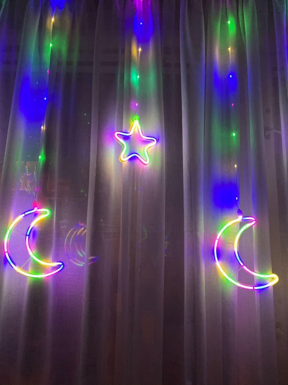 Гирлянда штора - звезды и полумесяцы LED modeling lamp 9m-1, гирлянда новогодняя Мультицветная 3.7м (ST) - фото 4 - id-p1710597712