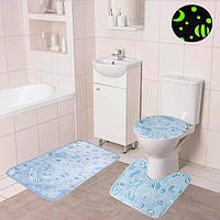 Комплект ковриков для ванной Голубые Планеты 3шт., коврики для ванной светящиеся и чехол для унитаза (ST)