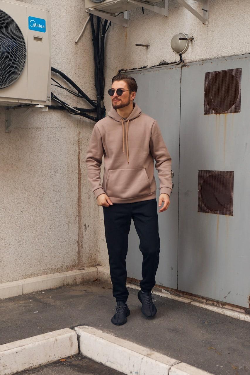 Чоловічий зимовий спортивний костюм бежевий із чорним із капюшоном  ⁇  Комплект худі та штани на флісі, фото 1