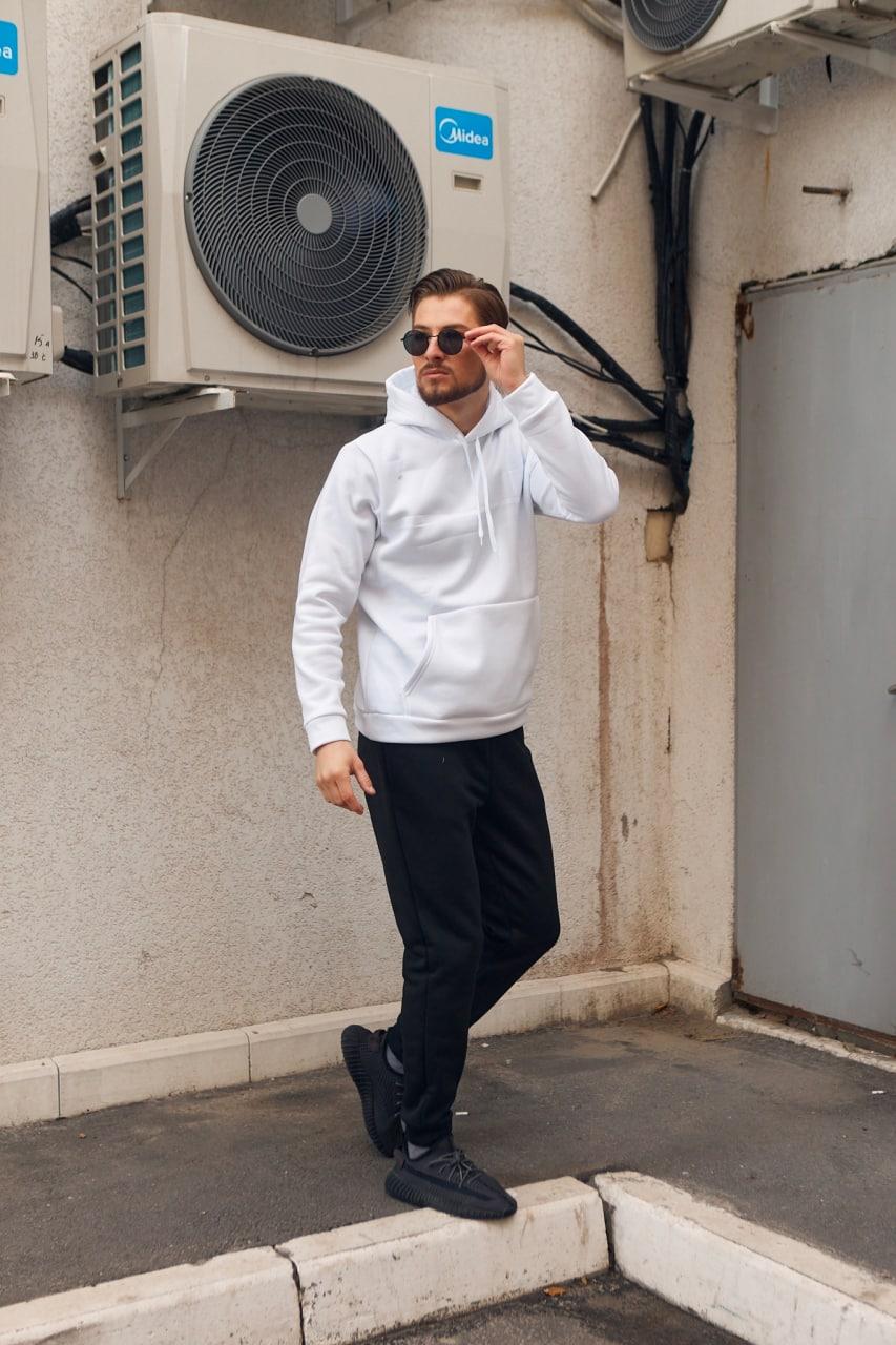 Чоловічий зимовий спортивний костюм білий із чорним із капюшоном  ⁇  Комплект худі та штани на флісі, фото 1