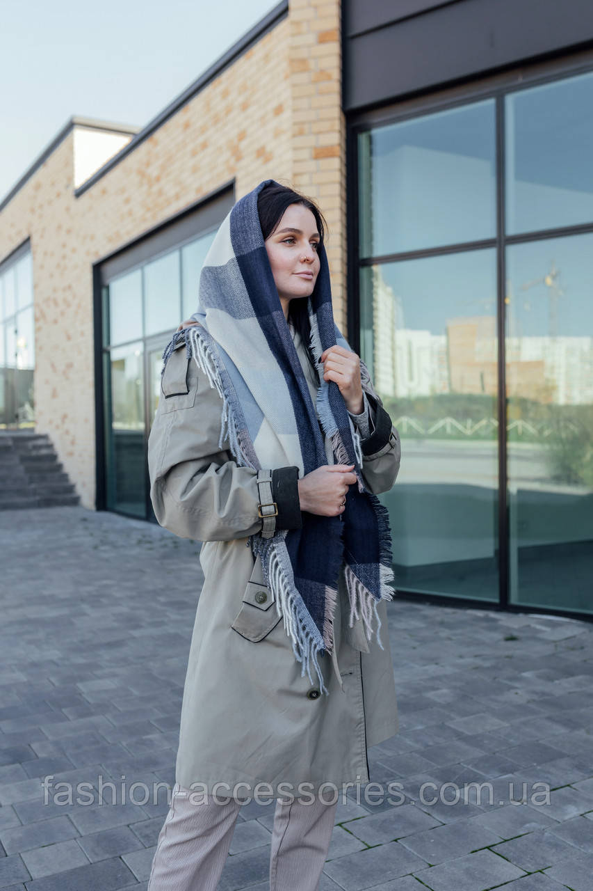 Велика синя кашемірова хустка косинка в клітину CASHMERE, фото 1