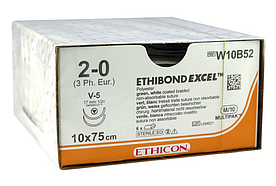 Хірургічна нитка Ethicon Етибонд Ексель (Ethibond Excel) 2/0, 10шт. по 75 см, 2 кільк. голки 17 мм W10B52