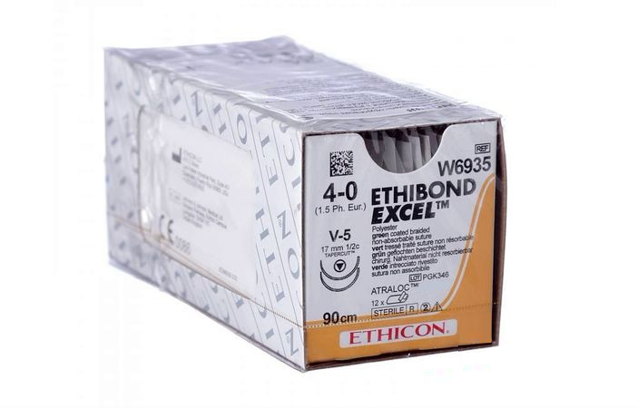 Хірургічна нитка Ethicon Етибонд Ексель (Ethibond Excel) 4/0, довжина 90 см, 2 кільк. голки 17 мм, W6935