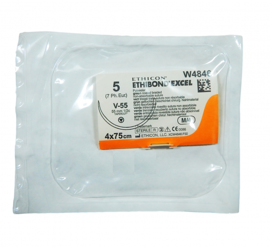 Хірургічна нитка Ethicon Етибонд Ексель (Ethibond Excel) 5, 4шт. по 75 см, кільк. голка 55 мм W4846G