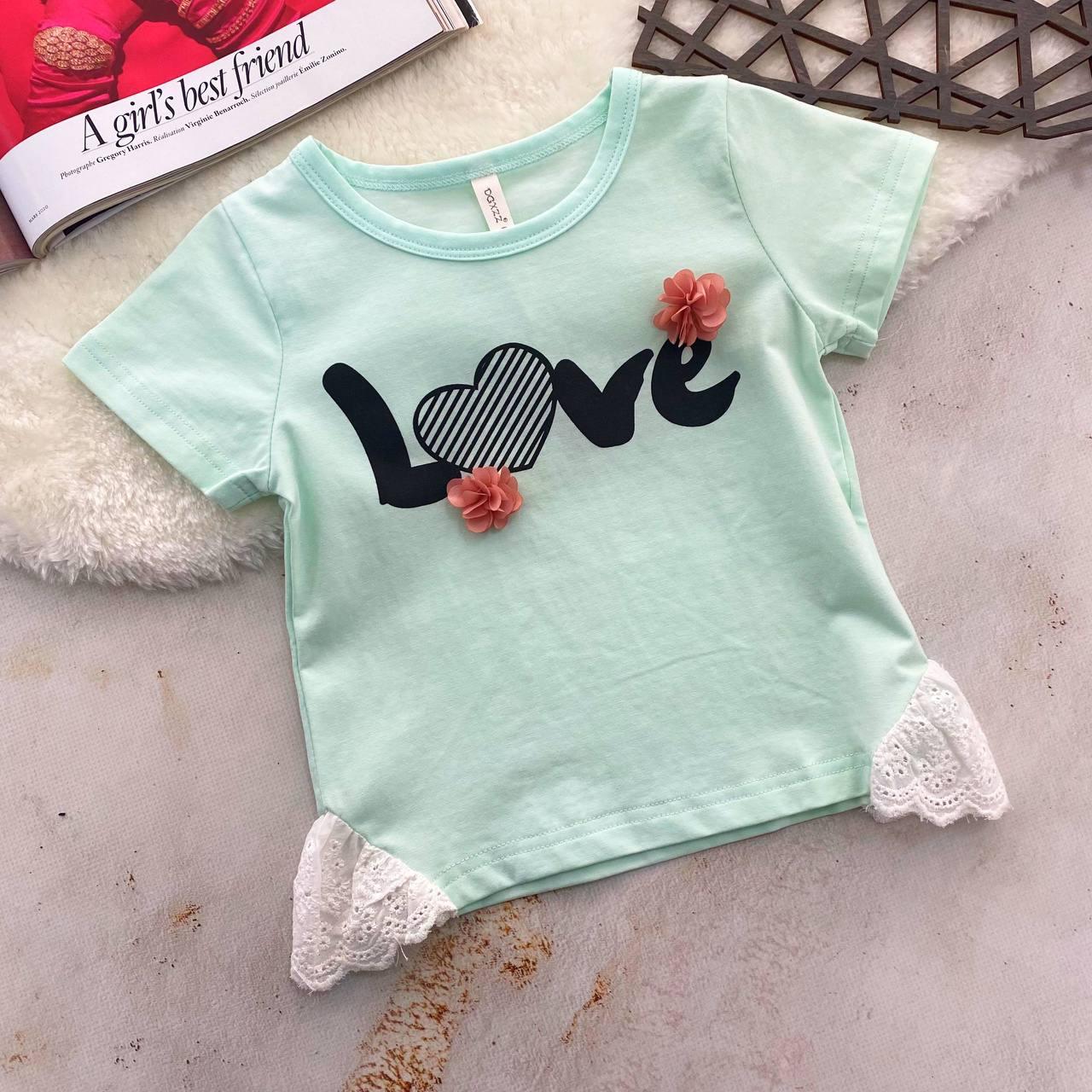 Футболка на дівчинку з написом "LOVE" М'ятна 2344, 89, Бірюзовий, Для дівчаток, Літо, 92, фото 1