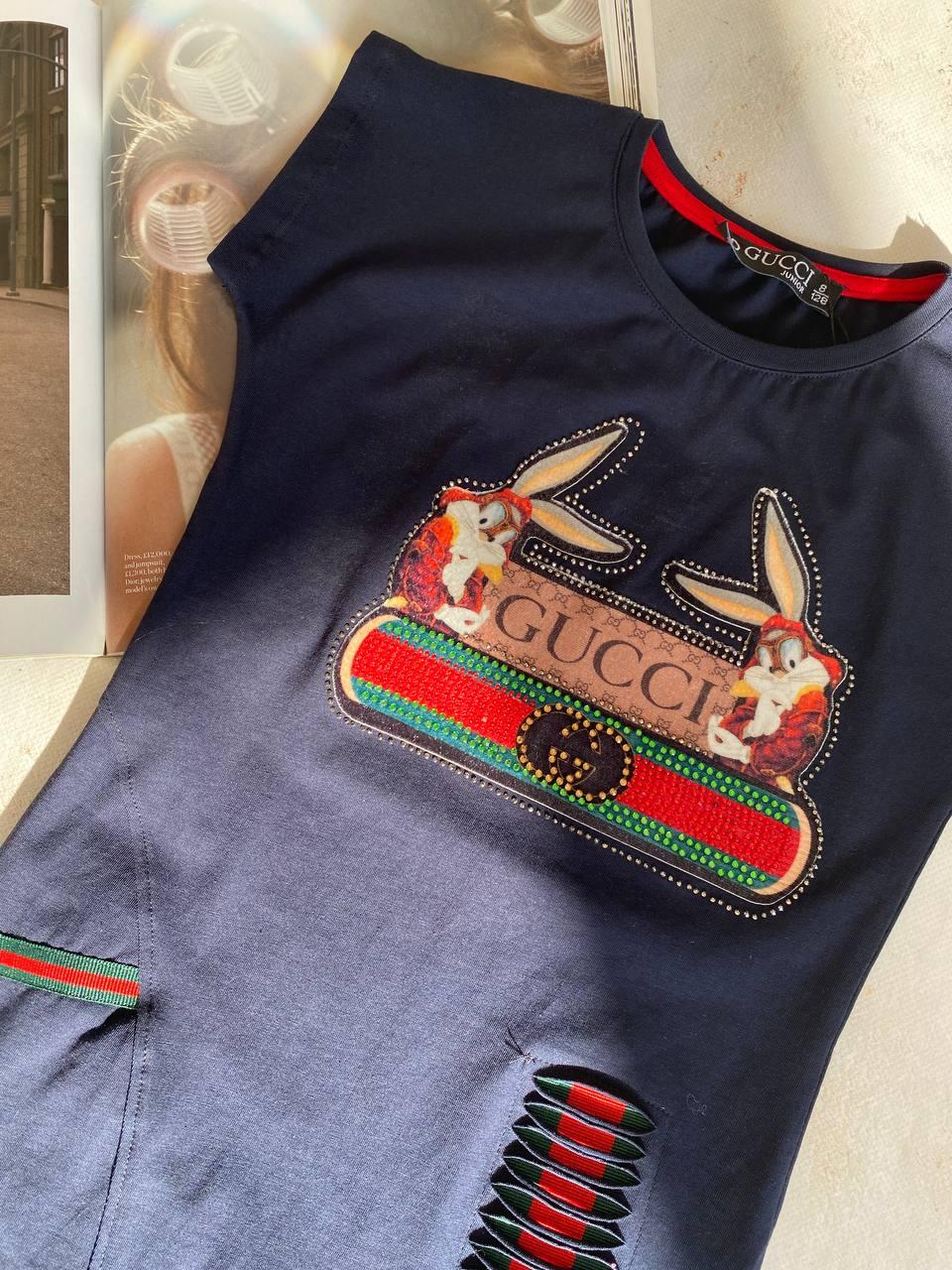 Футболка для дівчинки подовжена з написом Темно-Синяя 7177, GUCCI, Темно-Синій, Для дівчаток, Літо, 122, фото 1