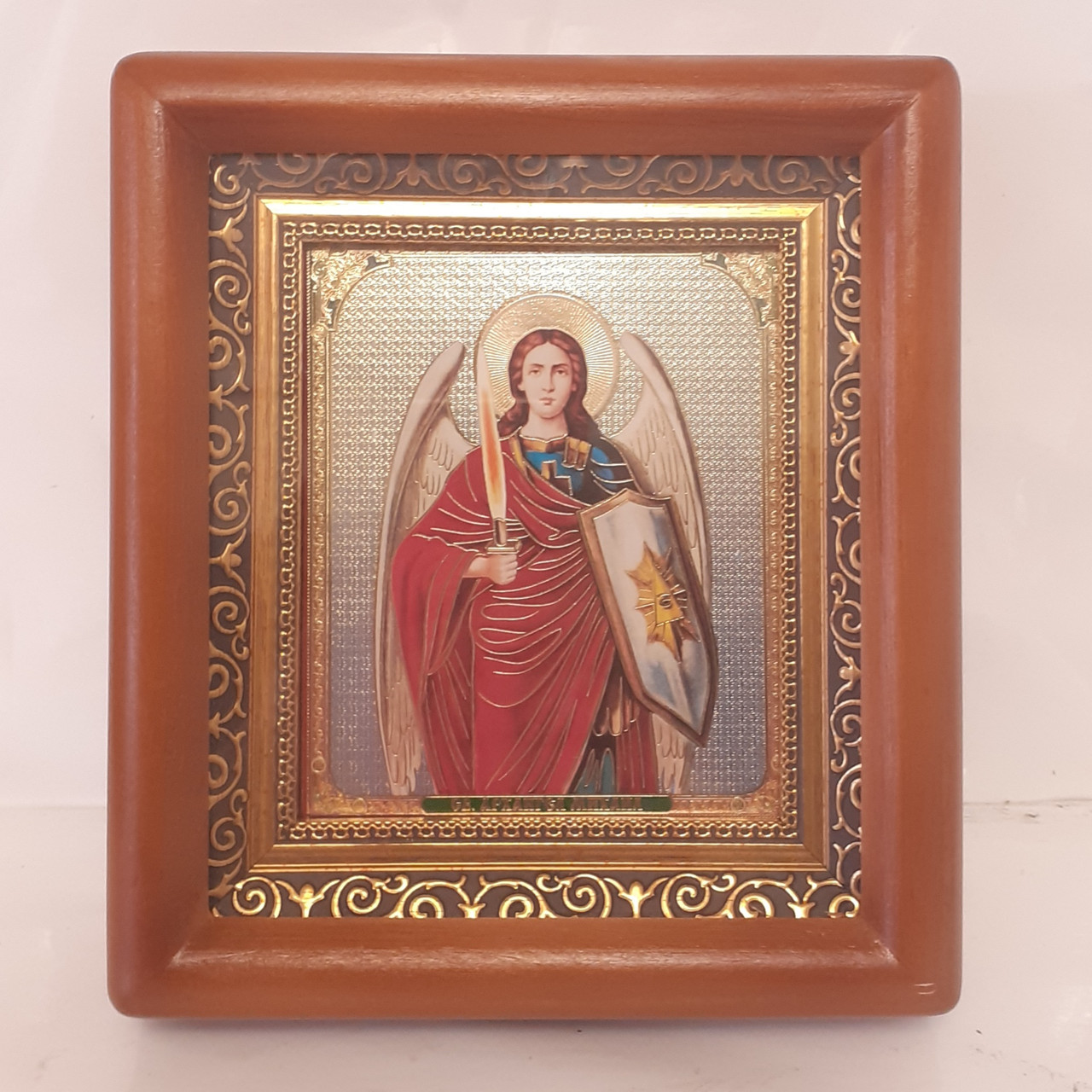 Ікона Архангел Михайло, лик 10х12 см, у коричневому дерев'яному кіоті