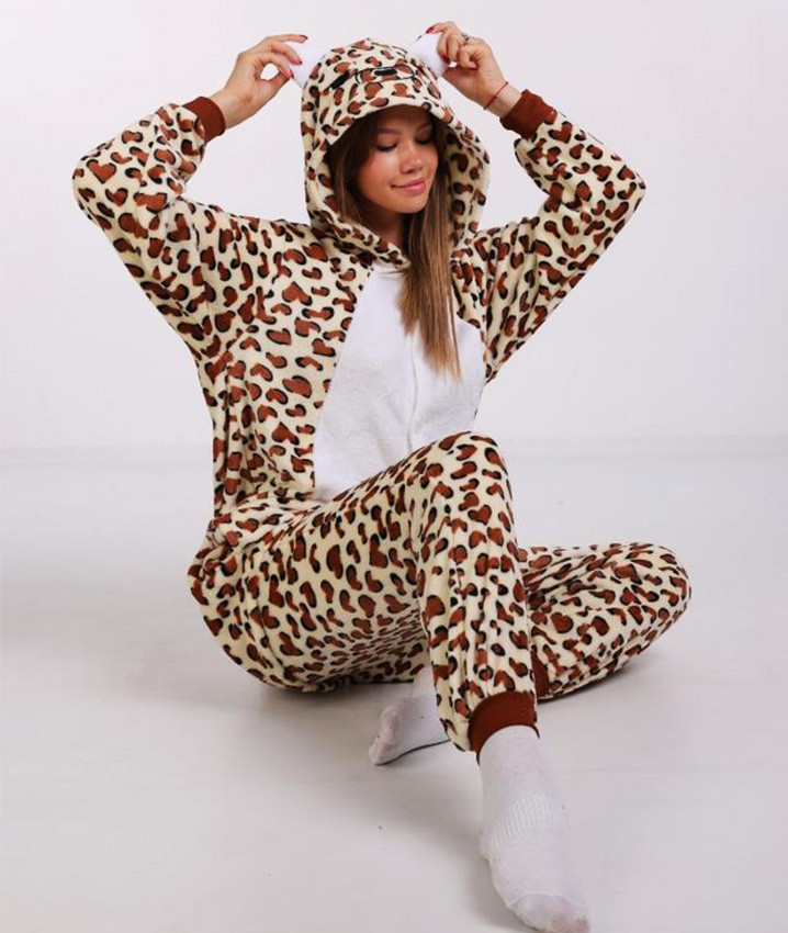 Дорослий теплий леопардовий кігурумі (піжама), махровий домашній костюм — комбінезон для жінок