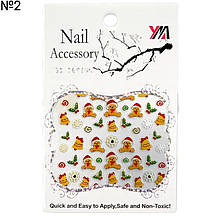 Новорічні 3d наклейки-стікери на прозорій основі для дизайну нігтів  " Ведмедики, дзвоники" №2