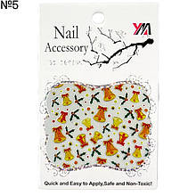 Новорічні 3d наклейки-стікери на прозорій основі для дизайну нігтів "Дзвоники, омела" №5
