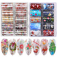 Набір фольги для дизайну нігтів - новорічна на прозорій основі у боксі, 10 шт.