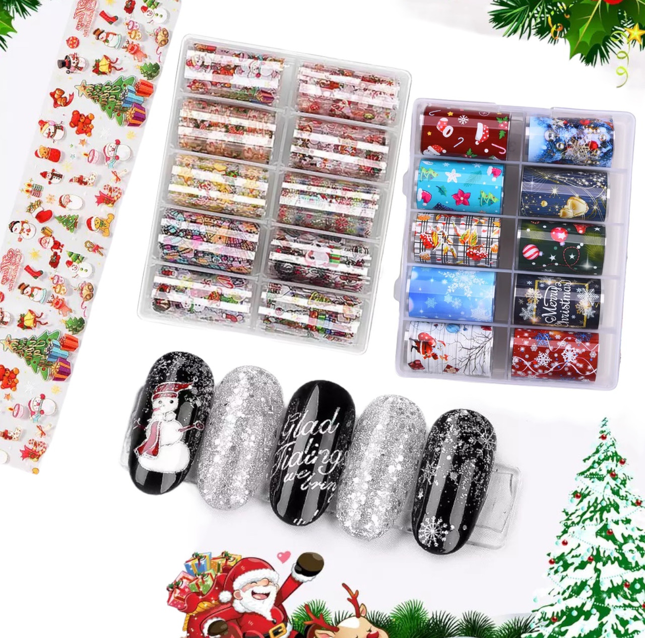 Набір фольги для дизайну на нігтях Новий рік візерунки на прозорому фоні, 10 шт. у боксі, фото 1