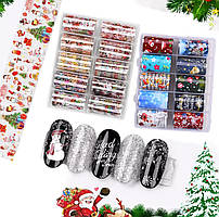 Набір фольги для дизайну на нігтях Новий рік візерунки на прозорому фоні, 10 шт. у боксі