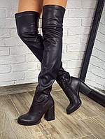 Черные женские ботфорты натуральная кожа + стрейч на каблуке Еврозима