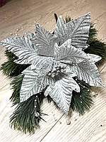 Різдвяна квітка - пуансеттія . Новорічна прикраса - пуансеттія ( срібна 17 см ), фото 9