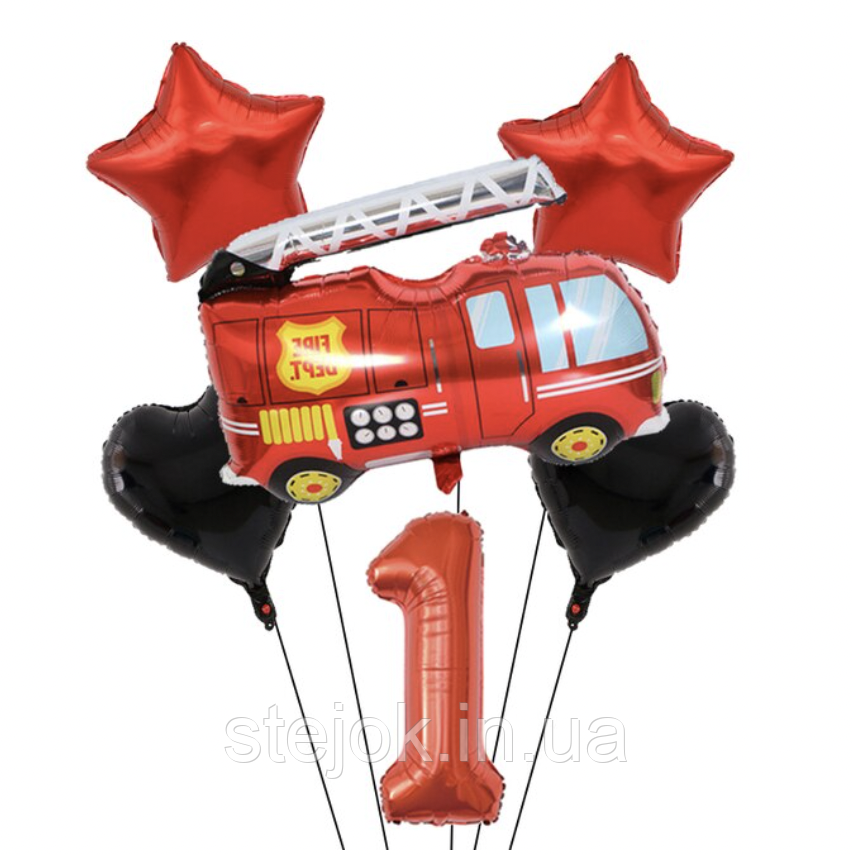 Набір куль для дня народження ПОЖЕЖНА МАШИНА з цифрою, червоний, фото 1