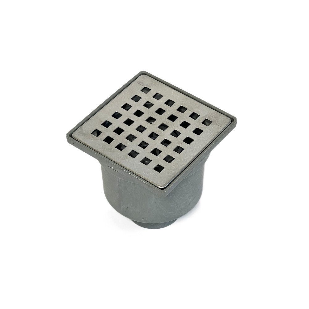 Трап для душу DRAIN KLEPPER 10x10 см, корпус — пластик, решітка — нержавіюча сталь, вертикальний вихід 50 мм