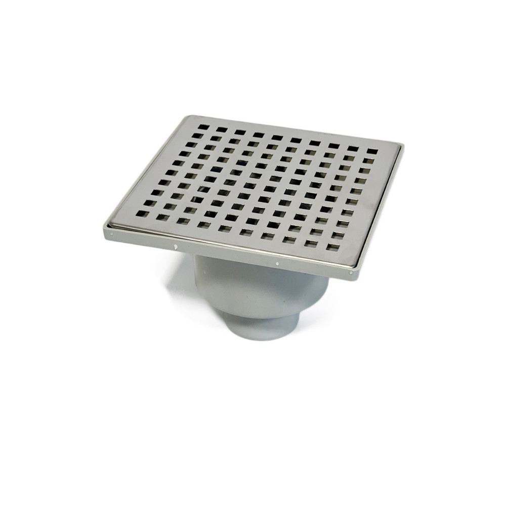 Трап для душу ECO DRAIN 15x15 см, корпус — пластик, решітка — нержавіюча сталь, вертикальний вихід 50 мм