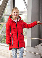 Демисезонная куртка на девочку удлиненная детская курточка весна-осень красная 6-11 лет