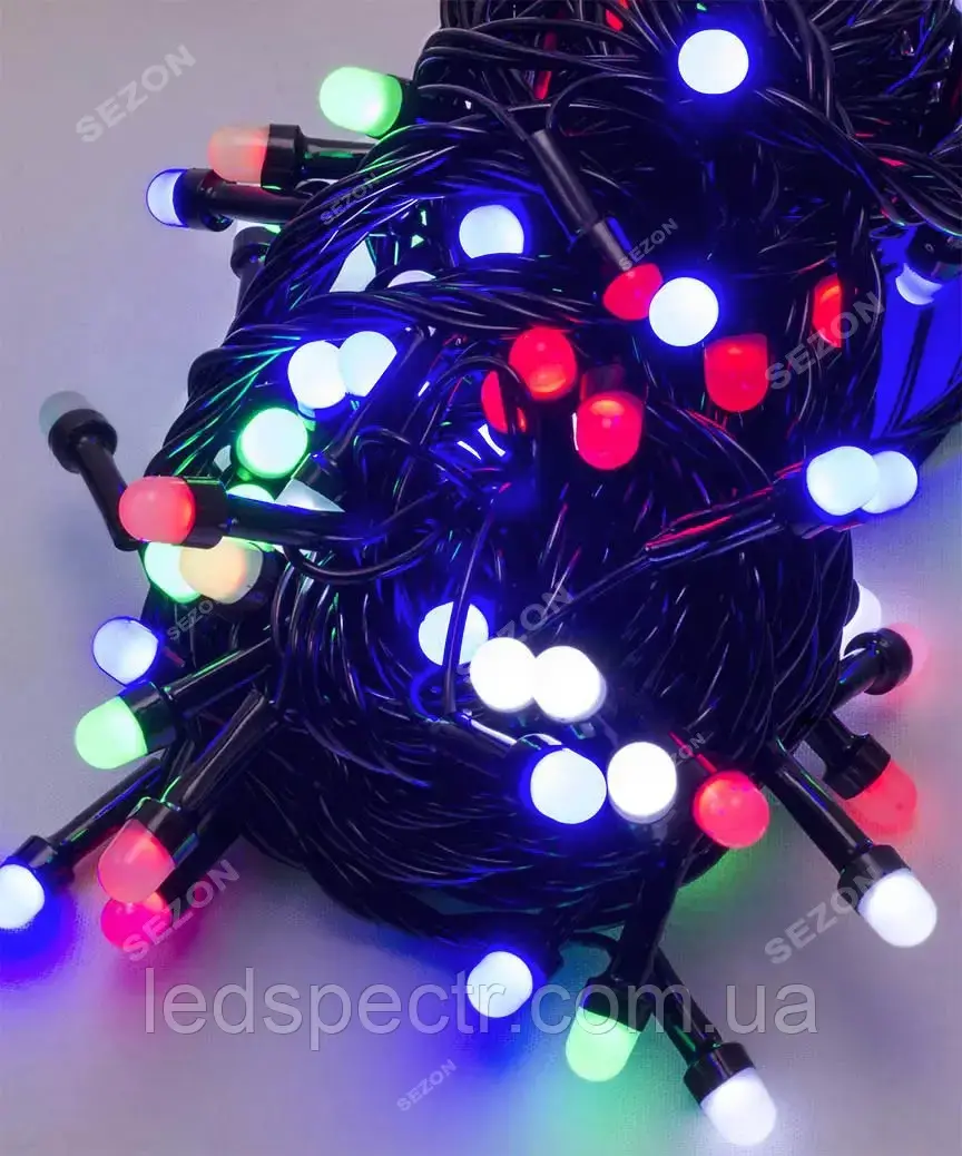 Гірлянда Лінза матова 8 мм 300 LED, чорний дріт, мульті