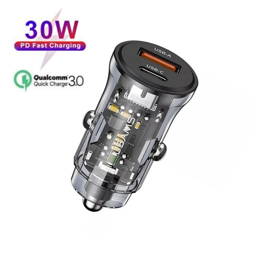 Автомобільний зарядний пристрій Usams Quick Charge 3.0 + Type-C/PD 30 W 2xPorts Black (US-CC164)