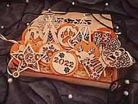 Набір Дерев'яних Ялинкових Іграшок 12 шт + подарункова коробка. Новорічна Прикраса. Еко-іграшки з Фанери