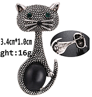 Брошь брошка значок черный кот кошка котенок обьемный зеленые глаза на попе чёрный камень