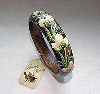 Деревянный браслет коричневый ручной работы "Малахитовый цветок"
