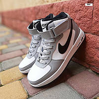 Мужские кроссовки термо на флисе Nike Air Force 1 '82 серые с белым высокие. Мужская обувь Найк Аир Форс 1