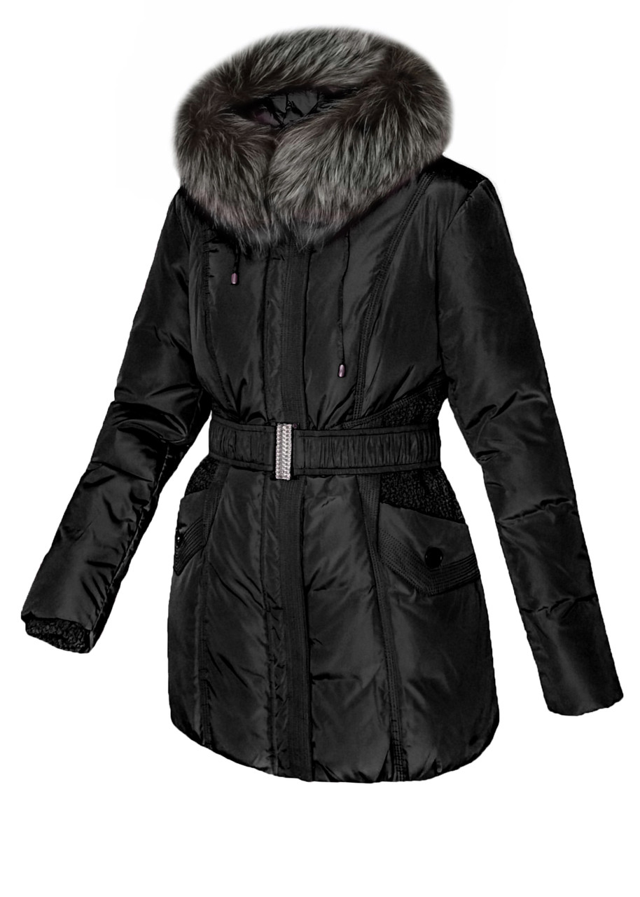 Куртка пуховик жіноча, натуральний пух, натуральна чорнобурка, капюшон City Classic Чорний, фото 1