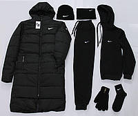 Модный зимний мужской набор 6 в 1 Черный, Мужской костюм на флисе, Комплект шапка бафф перчатки носки Найк