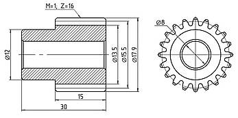 Шестерня циліндрична прямозуба модуль 1.0 GSM1-Z16-D8 (16 зубів, діам. 8 мм), сталеве зубчасте колесо, фото 4