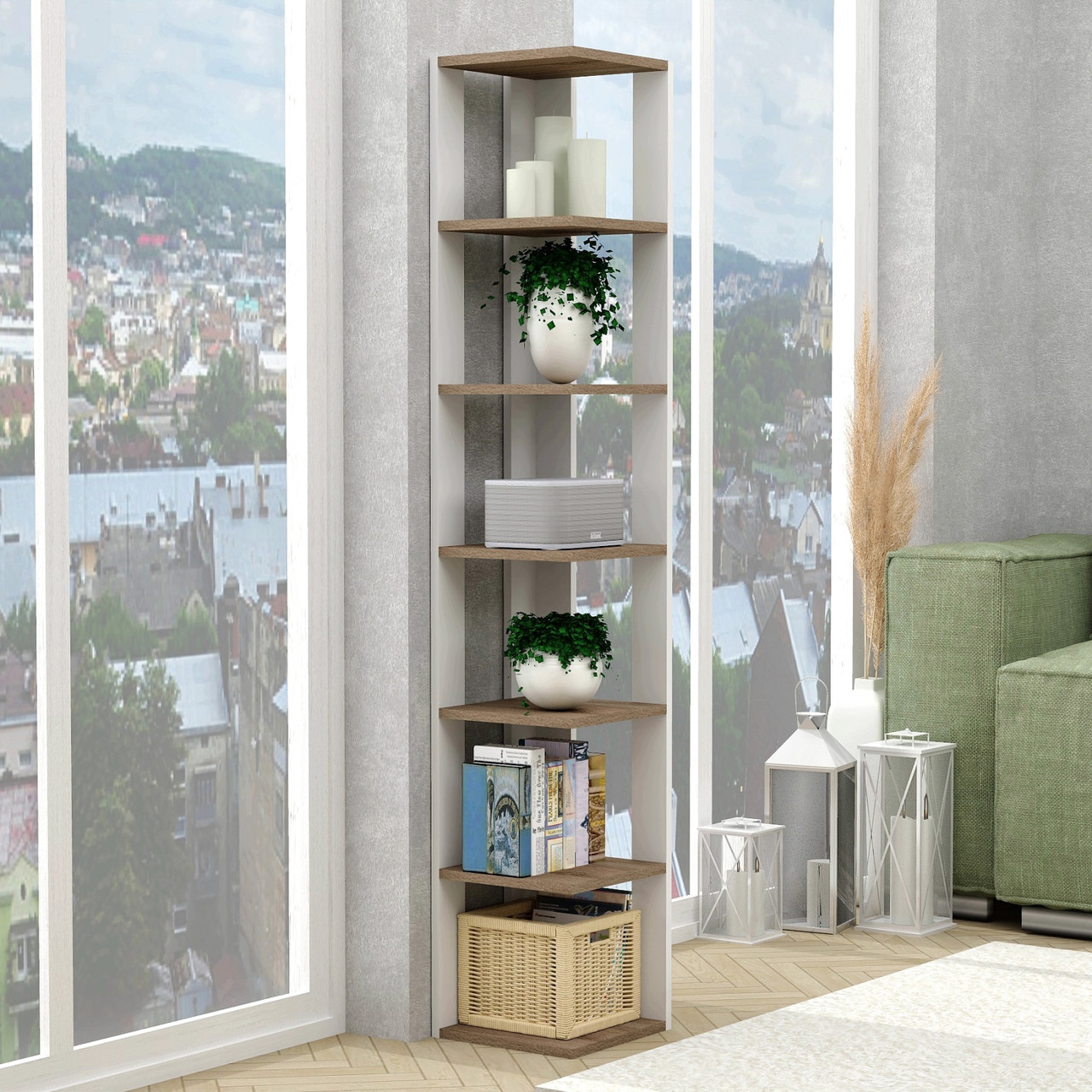 Сучасна кутова книжкова шафа стелаж FLASHNIKA D2 (286мм x 286мм x 1615мм), фото 1