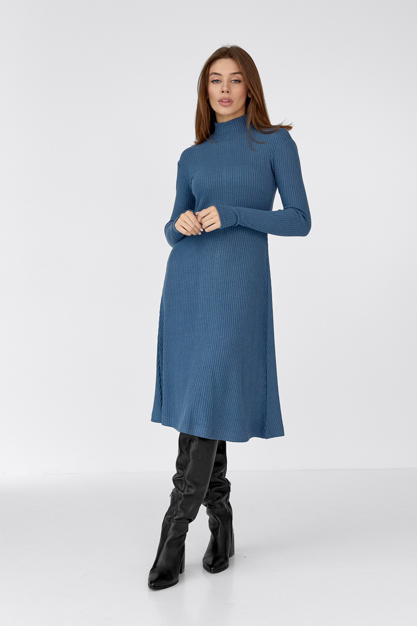 Женское Трикотажное Теплое Платье Солнце Клеш Синего Цвета в Размерах ...