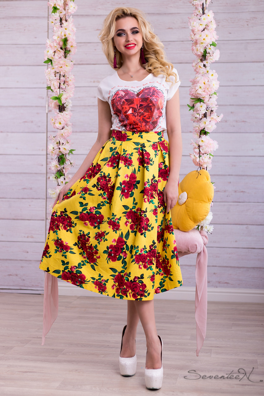 Летняя женская юбка из льна солнце клеш с завышенной талией цветы 42-48 размера - фото 2 - id-p283421870