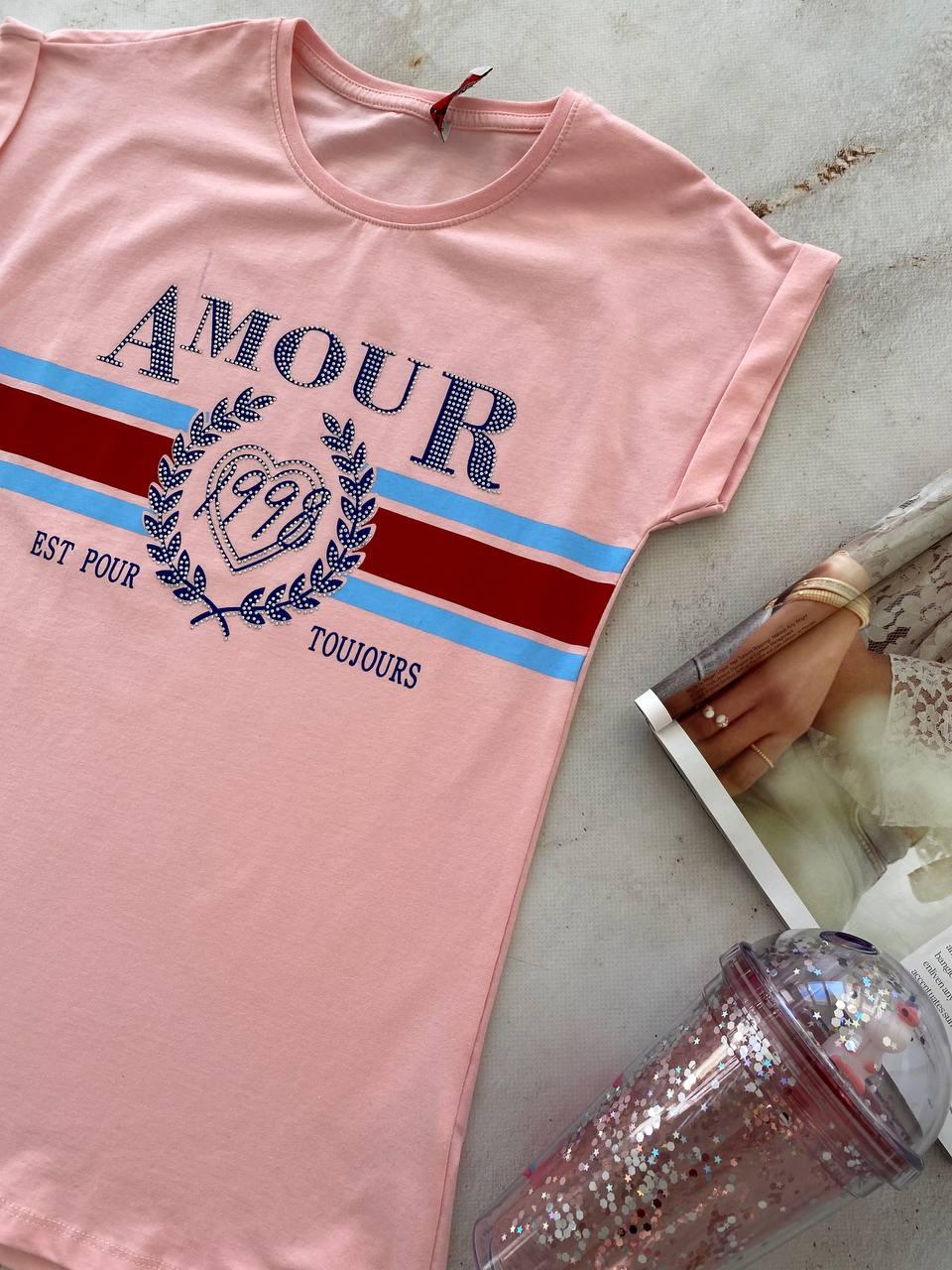 Футболка для дівчинки з написом ''Amour'' Рожева 30358 Wanex, Розовый, Девочка, Лето, 128 см, фото 1