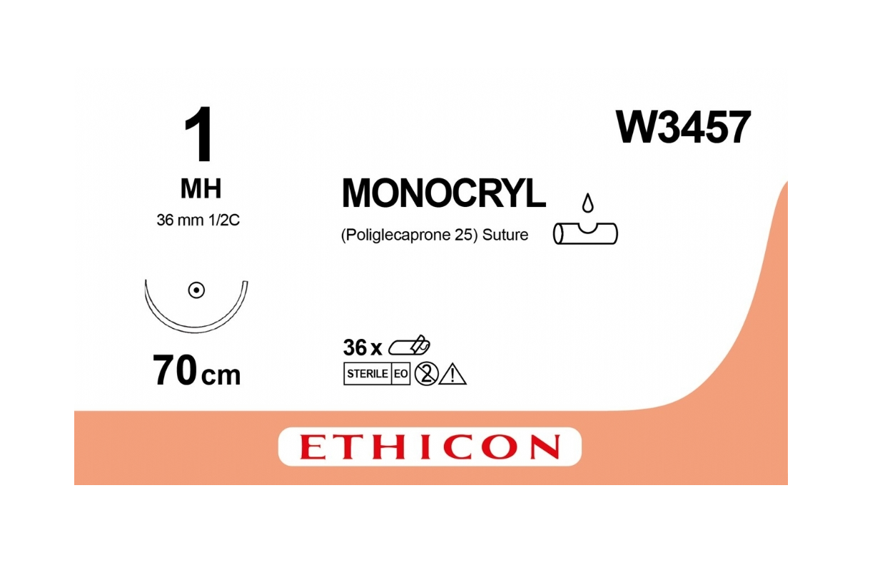 Хірургічна нитка Ethicon Монокрил (Monocryl) 1, довжина 70 см, кільк. голка 36 мм, W3457