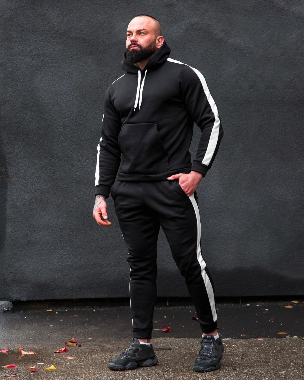 Чоловічий зимовий спортивний костюм чорно-білий із лампасами Asos ⁇ Комплект худі та штани на флісі, фото 1