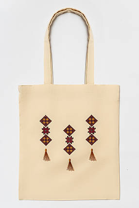 Еко-сумка для покупок з вишивкою в українському стилі "Китиці" бежева, фото 2