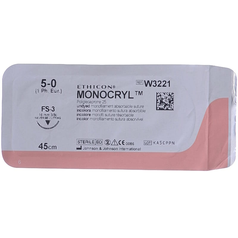 Хірургічна нитка Ethicon Монокрил (Monocryl) 5/0, довжина 45 см, обр-реж. голка 16 мм, W3221