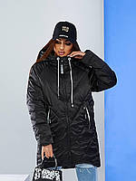 Стильная, свободная женская куртка-парка арт.1010/1 непромокаемая плащевка цвет черный глянец
