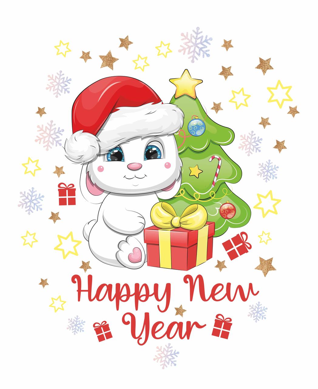 Новогодние наклейки Зайчик под елкой (Символ 2023 год Кролика подарки звезды) Матовая Набор S 550х770мм - фото 3 - id-p1711226578