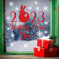 Новогодняя наклейка Зайчик с Новым годом Красный (символ 2023 Кролик заяц снежинки) глянец Набор S 450х470мм