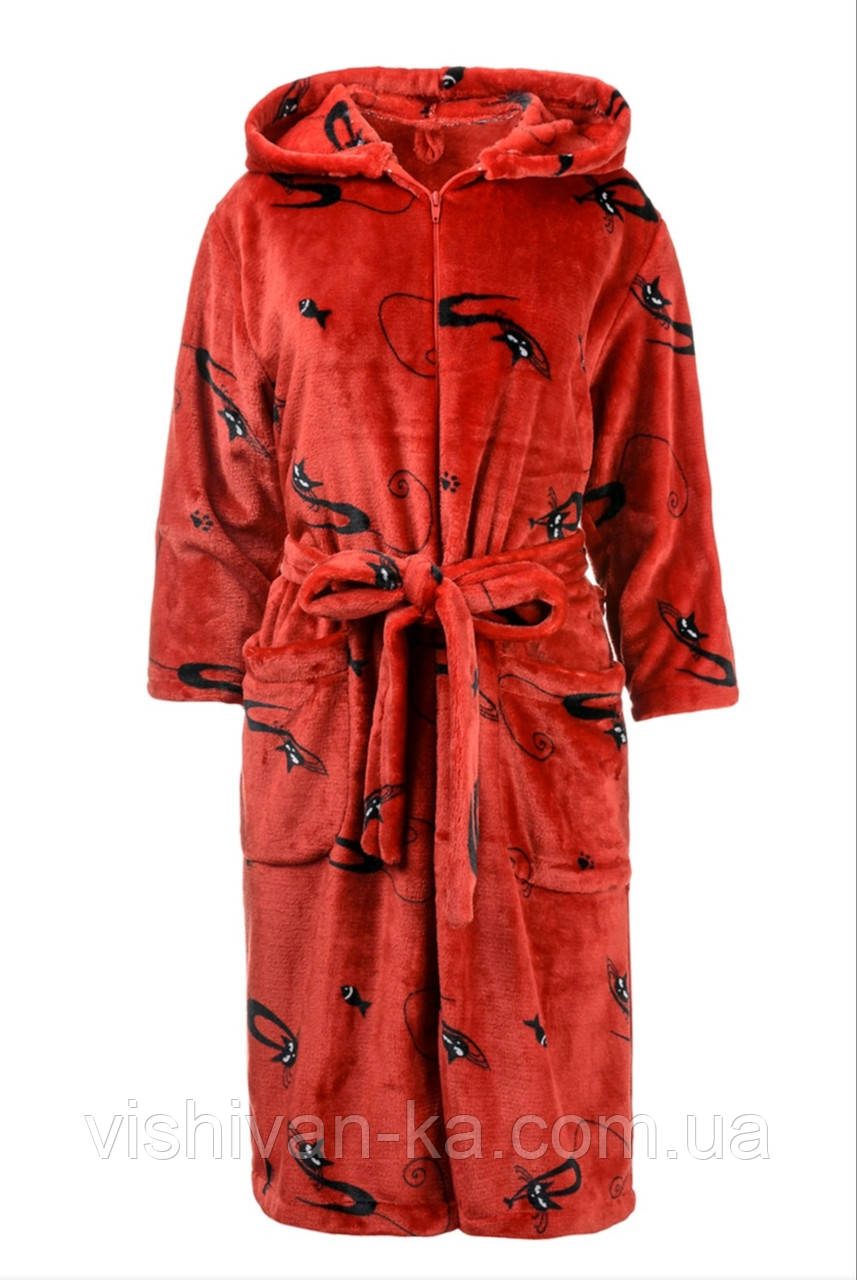 Яскравий домашній жіночий теплий халат міді з капюшоном червоний з візерунком розмір 46-48