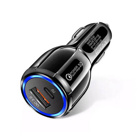 Автомобільна швидка зарядка QC 3.0 usb+type-c. Авто заряджання на 2 порти. Автомобільна зарядка 12V, фото 1