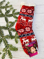 Шкарпетки жіночі з хутра, шкарпетки з овечої шерсті , новорічні носки, носки олені 35-38 39-41 червоні