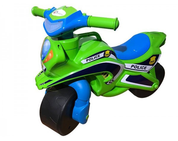 Дитячий мотобайк-каталка біговел толокар Поліція пластиковий із музичним кермом синьо-зелений