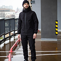 Мужской тактический костюм Softshell Intruder черный, куртка с капюшоном и штаны с карманами и с манжетами соф